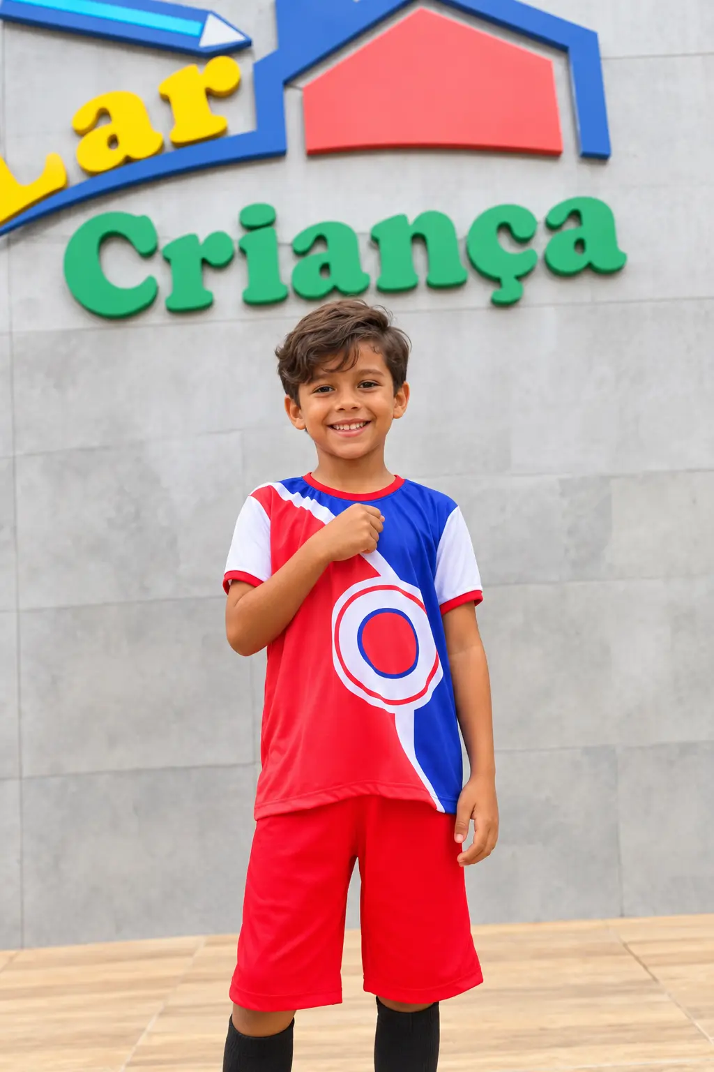 Aluno do Colégio Lar da Criança com o uniforme da escola em frente à fachada